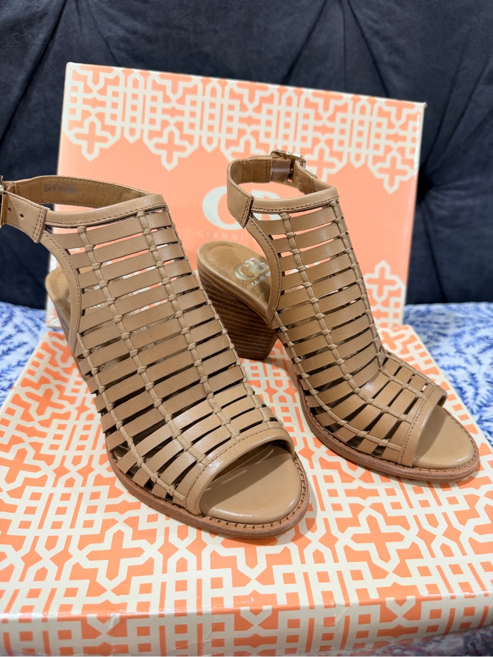 Gianni Bini Woven Tan Open-Toe Block Heel Sandals